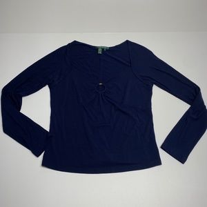 Navy Blue Long Sleeve Top with Elegant Gold Ring Detail - Women's Size M